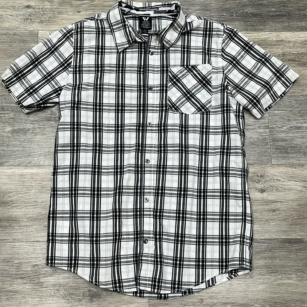 Shawn White button down blk/gray/white plaid short sleeve shirt sz XL/16